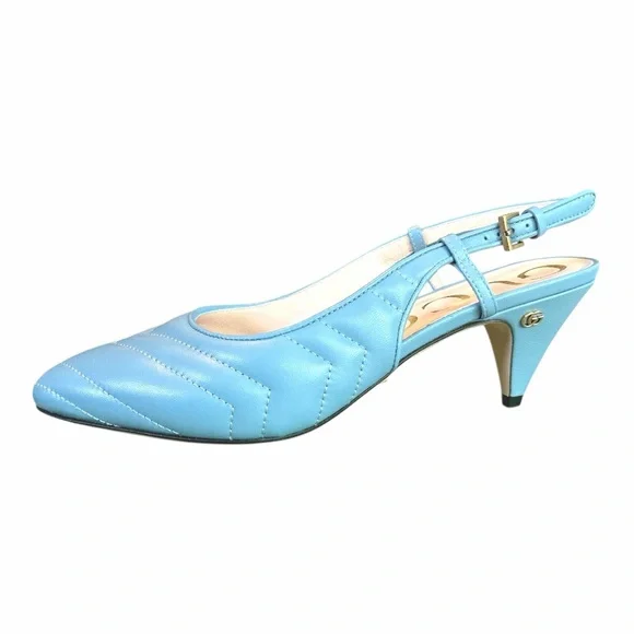 GUCCI Blue Matelasse Slingback Charlotte Heel EU 37 US 7 GG Logo Quilted Kitten